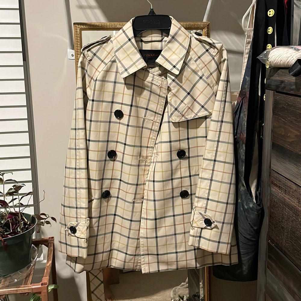 Authentic Coach Women's Tattersall Plaid Short Trench Jacket